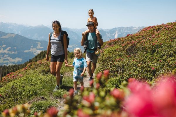 Familie wandert am Panoramaweg bei der Wiedersbergerhornbahn im Alpbachtal
